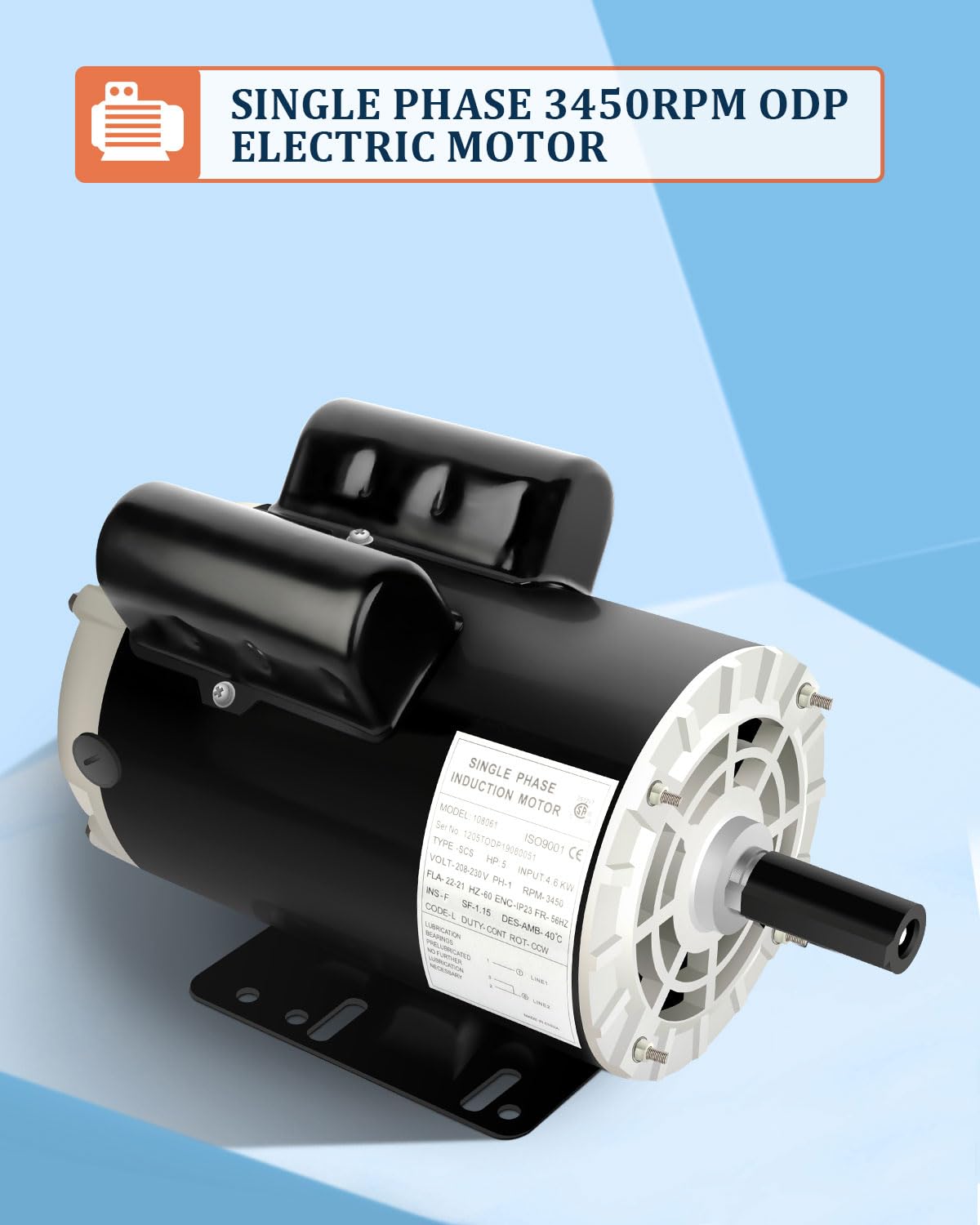 5 HP Air Compressor Motor Single Phase Electric Motor, 7/8" Shaft Diameter, CCW 60HZ, 3450RPM, 208V-230V