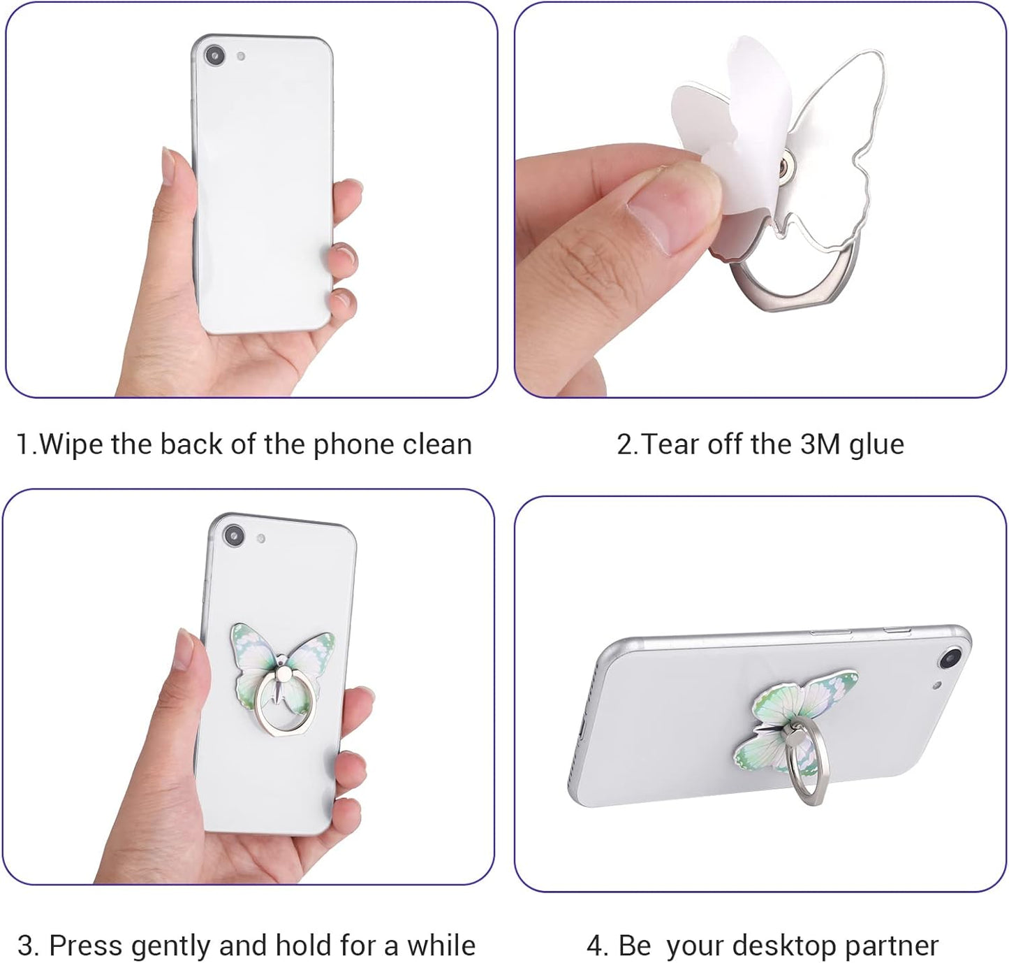 cobee 3 360Rotation Pcs Butterfly Cell Phone Ring Stand Holder, Cute Butterfly Pattern Painted Metal Finger Stand