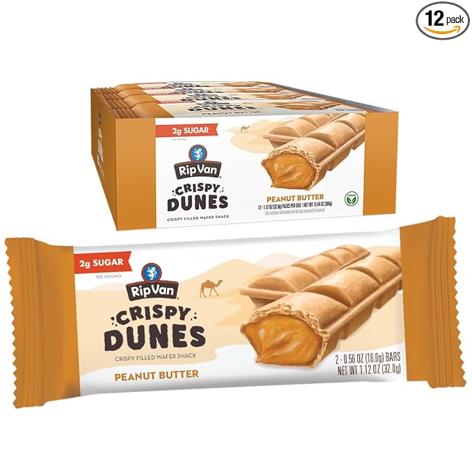 Crispy Dunes Peanut Butter Wafer Sticks ??Low-Calorie Snack with Peanut Butter Cream Filling, 90 Calories, Non-GMO, Prebiotic Fiber - 12 Pack