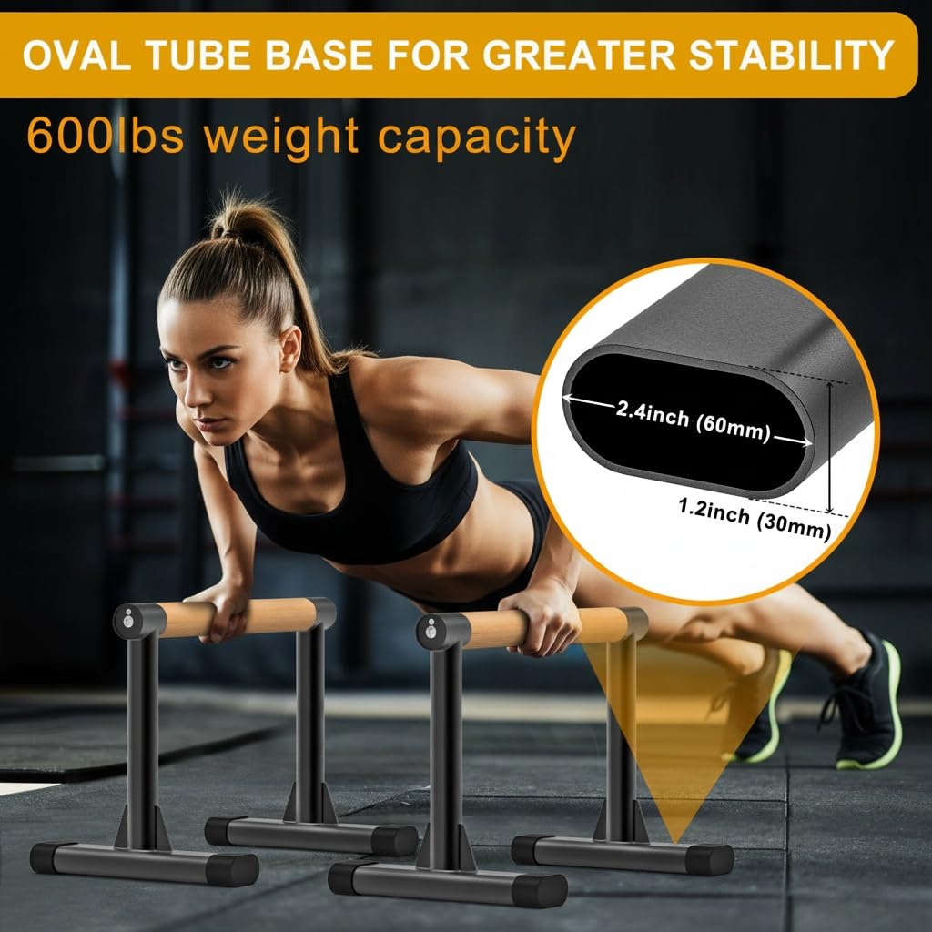 Kipika Parallette Bars for Calisthenics - Push Up & Dip Bar with Wood Handles, Rock-Free Support for Handstand, L-Sit & Home Strength Training, 600LB Capacity, 12" Height (Wood)