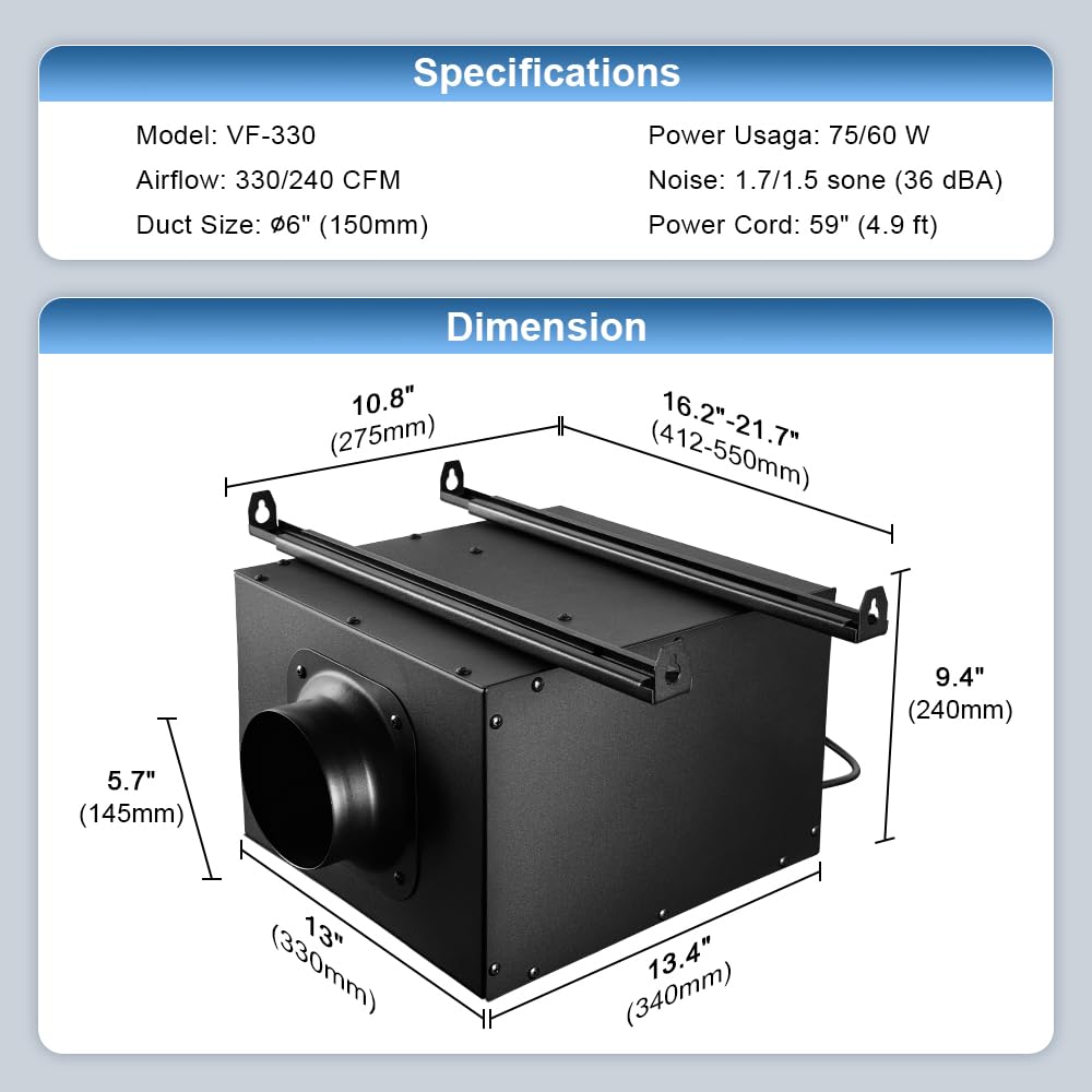 MIDCVFRUN 2 Speed 330CFM|240CFM Adjustable Ultra Quiet Inline Bathroom Exhaust Fan, Ventilation Fan Extractor for Bathroom, Garage, Attic, Kitchen - Strong but Quiet