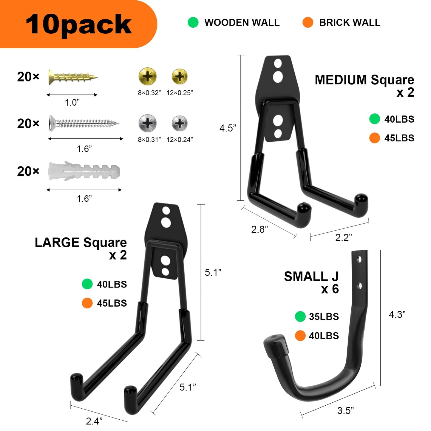 Jikro Heavy Duty Wall Garage Hooks, Steel Anti-Slip Utility Hooks Storage Organization Hangers for Ladders, Bikes, Hose, Garden Tools, Coats, Bags with Mounting Hardware Kit (Black, 10 Pack)