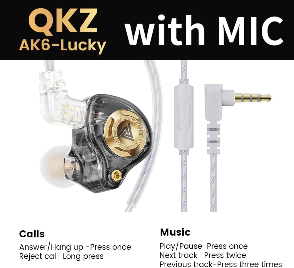 Yeabomy Ak6 3-Level Qkz Lucky in Ear Monitor, HiFi Wired Earbuds, Tunable Sound Wired Headphones Gaming Earbuds