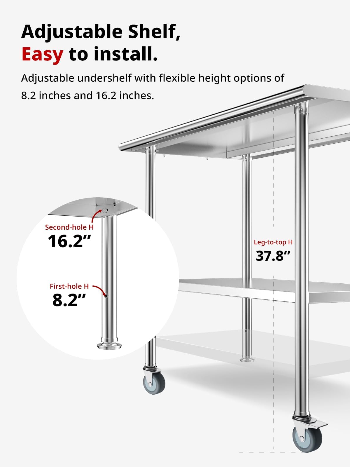 Atelicf All-Stainless Steel Prep Table, 24 x 48 Inch, with Rounded-Corner Backsplash, Casters and Adjustable Undershelf, Heavy-Duty Build for Outdoor Use, Restaurants, Kitchens, Gardens, and Garages