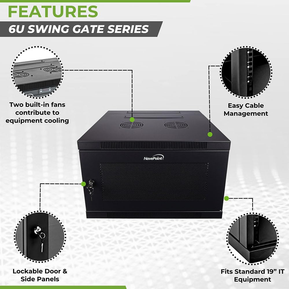 NavePoint 6U Server Cabinet with Hinged Back - 17.7” Deep, Server Rack Enclosure with Locking Perforated Door, Wall Mount Rack with Removable Side Panels, Network Cabinet, Pre-Assembled