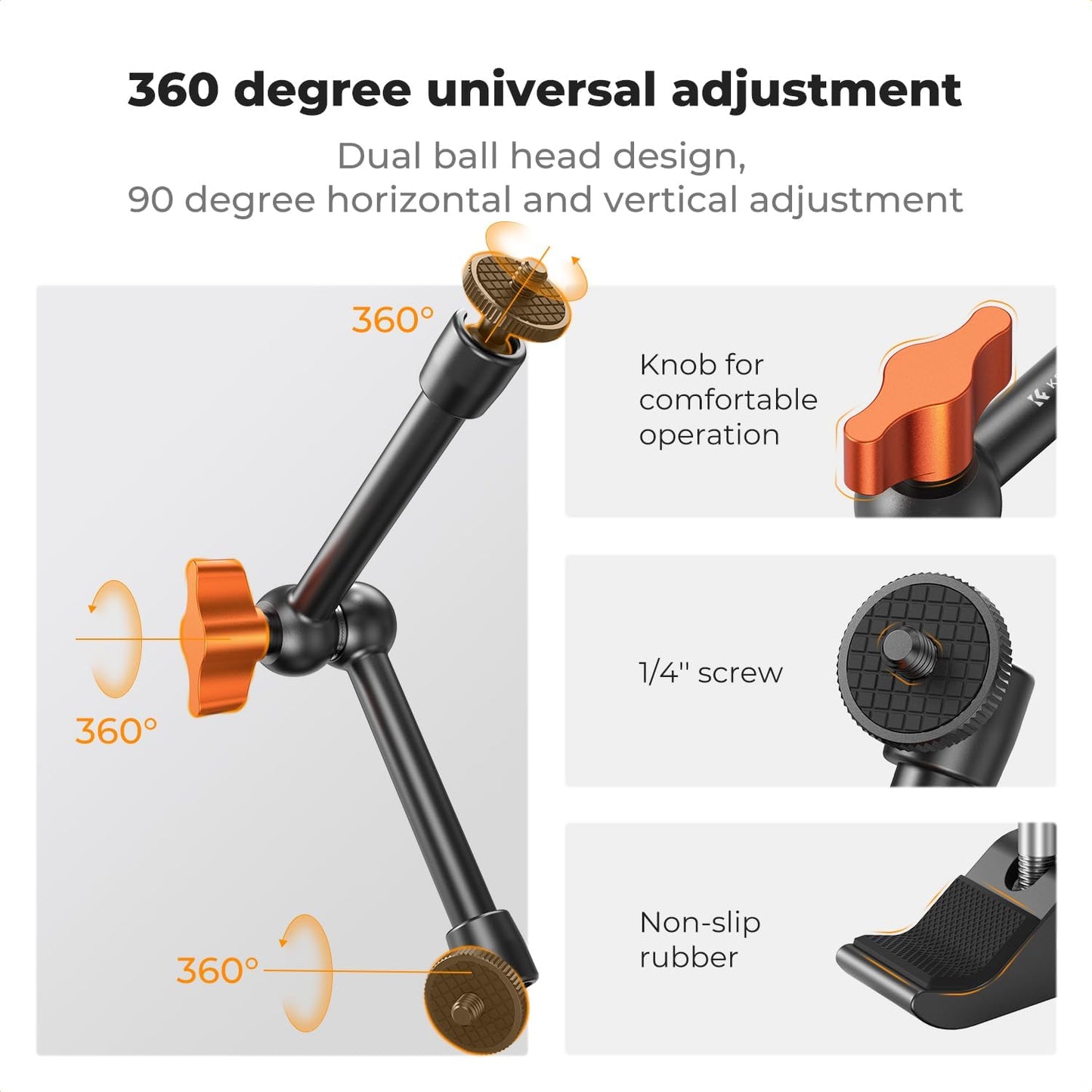 K&F CONCEPT 9.8" 1/4" 3/8" 360 Magic Arm Clamp Kit with & Thread Screw Ball Heads Articulating Magic Arm with Tripod