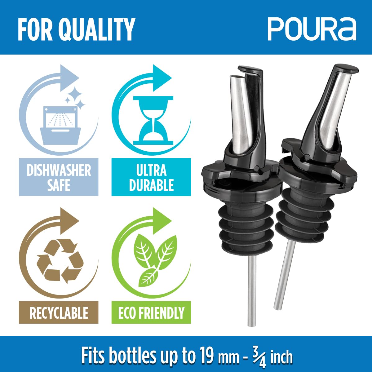 3-in-1 Liquor Pour spout with Built-in Fruit Fly Protection - BPA Free & Dishwasher Safe Hygienic Alcohol Speed Spouts - Also for Olive Oil, Juice, Syrup. Black 2 Pack