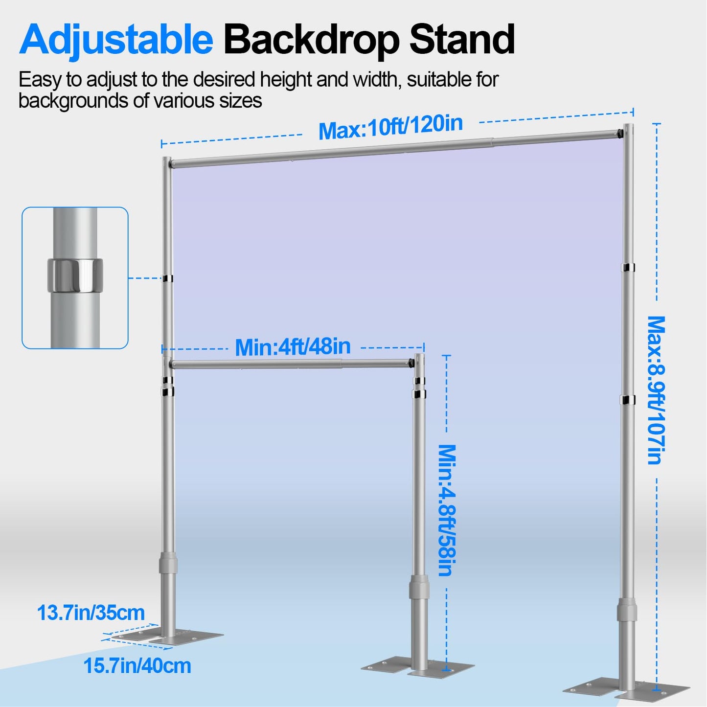 GLOSHOOTING Pipe and Drape Backdrop Stand Kit, Heavy Duty Backdrop Stand 8.9ftx10ft, Adjustable Background Stand for Photography, Wedding, Party, Events Decoration