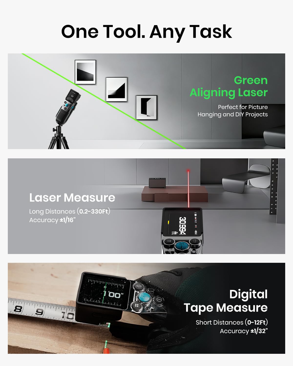 MiLESEEY XTAPE1 Digital Tape Measure with Laser, Fathers Day Dad Gifts 1/32" Accurate Auto Lock Tape Measuring Tool with Green Aligning Laser, Replaceable Tape Modular, P2P, APP Sync, Gift for Men