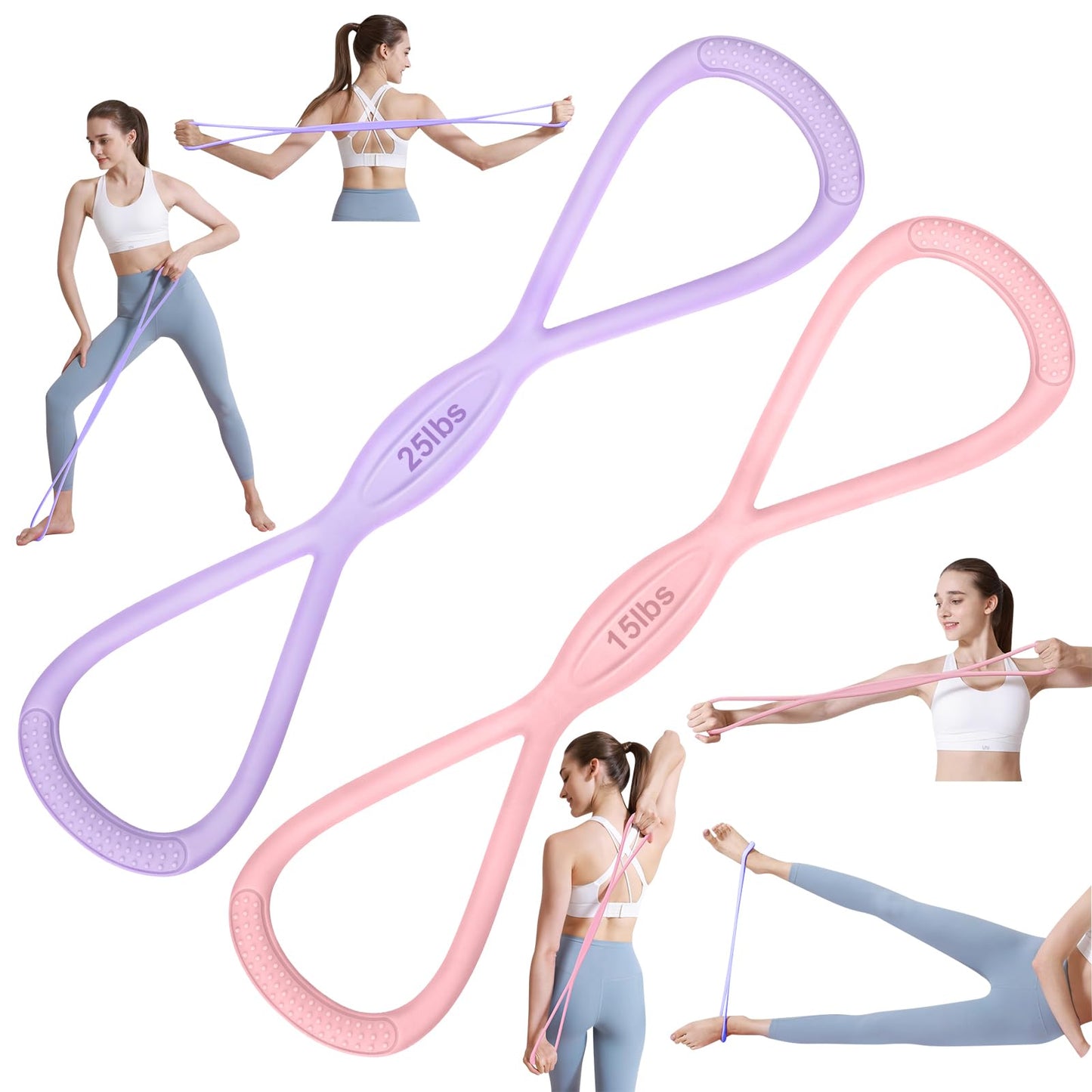 PolaZIA Figure 8 Resistance Band: Resistance Bands with Handles for Working Out - 8 Shaped Resistance Bands for Women - Exercise Bands for Arms - Fullbody Yoga Pulling Rope (15lbs Pink+25lbs Purple)