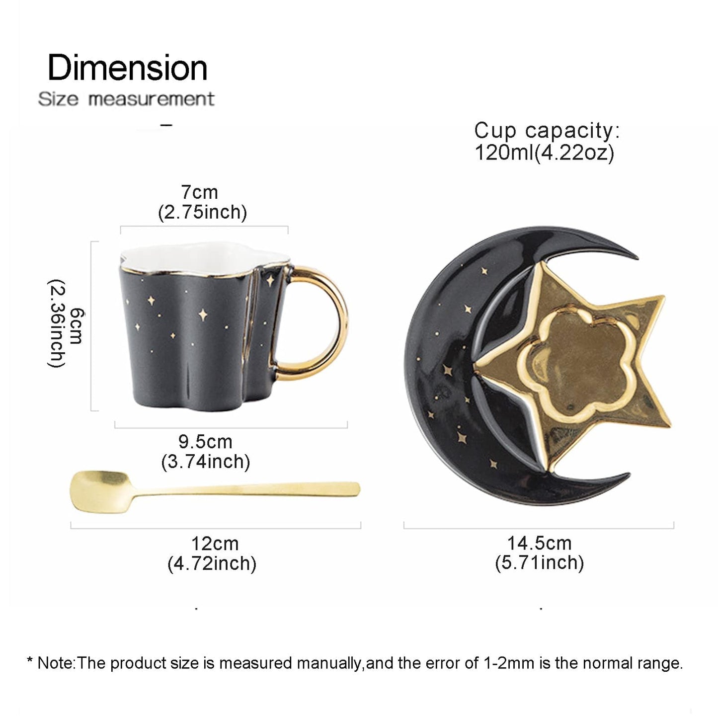 4.2 Ounce Irregular Ceramic Coffee Cup,Gold Plate Handle Mug,Moon and Star Shape Coffee Tea Cup and Saucer Sets with spoon,for Cappuccino,Tea,Cocoa,Cereal,Hot Chocolate (Black with Golden)