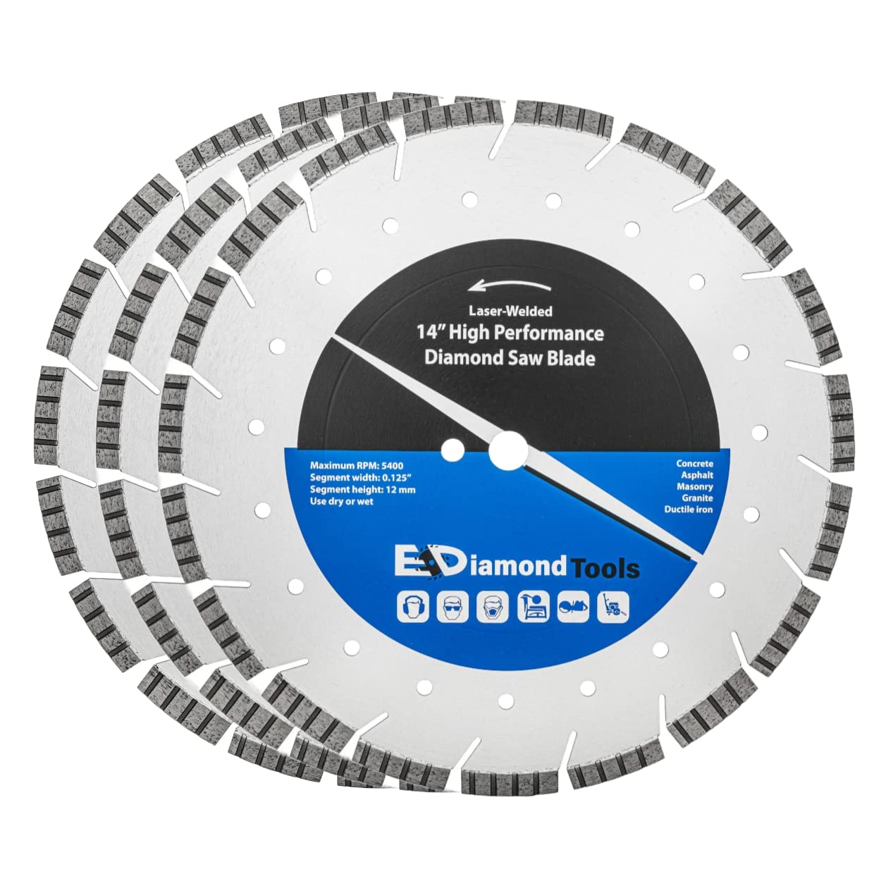 14" High Performance Laser Welded Saw Diamond Blade for Concrete, Asphalt, Granite, Ductile Iron and Masonry, 12mm Segment Height, 20mm Arbor, 3-Pack