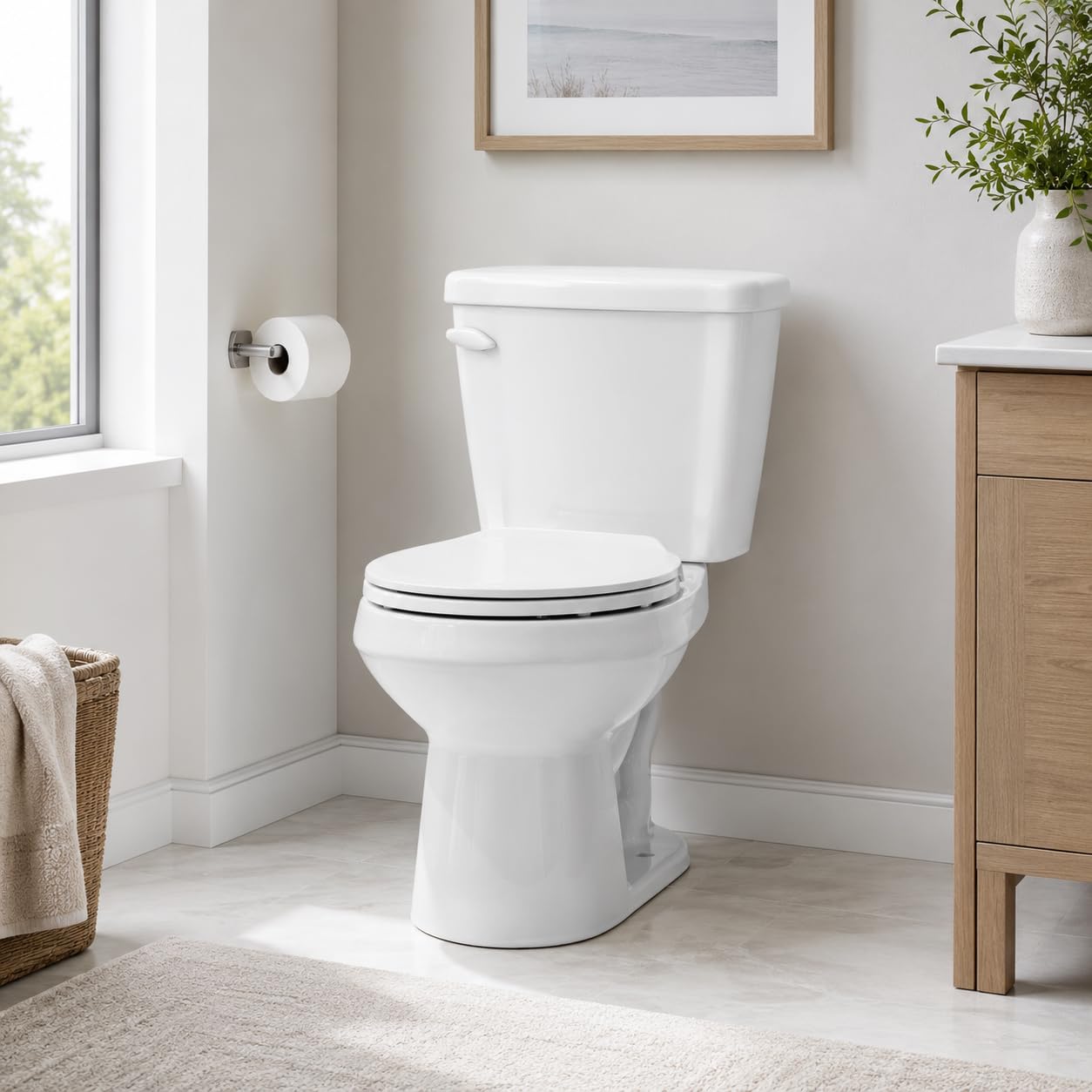 15 Inch Round Front Toilet for Small Bathrooms, Two Piece Compact Ceramic Commode with Side Flush, 1.28 GPF Siphonic Flush, Soft Close Seat, cUPC Certified, 12 Inch Rough-In
