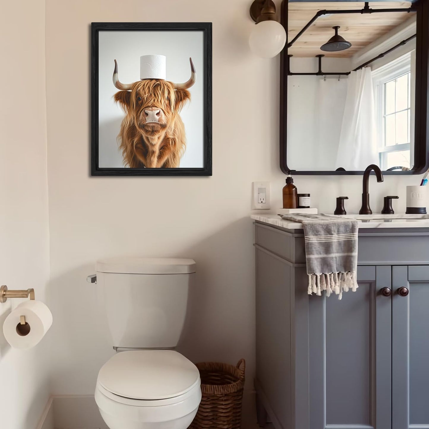 ZXDZSM Highland Cow Wall Art - Funny Rustic Bathroom Decor Canvas Print | Framed 12x16 Inch