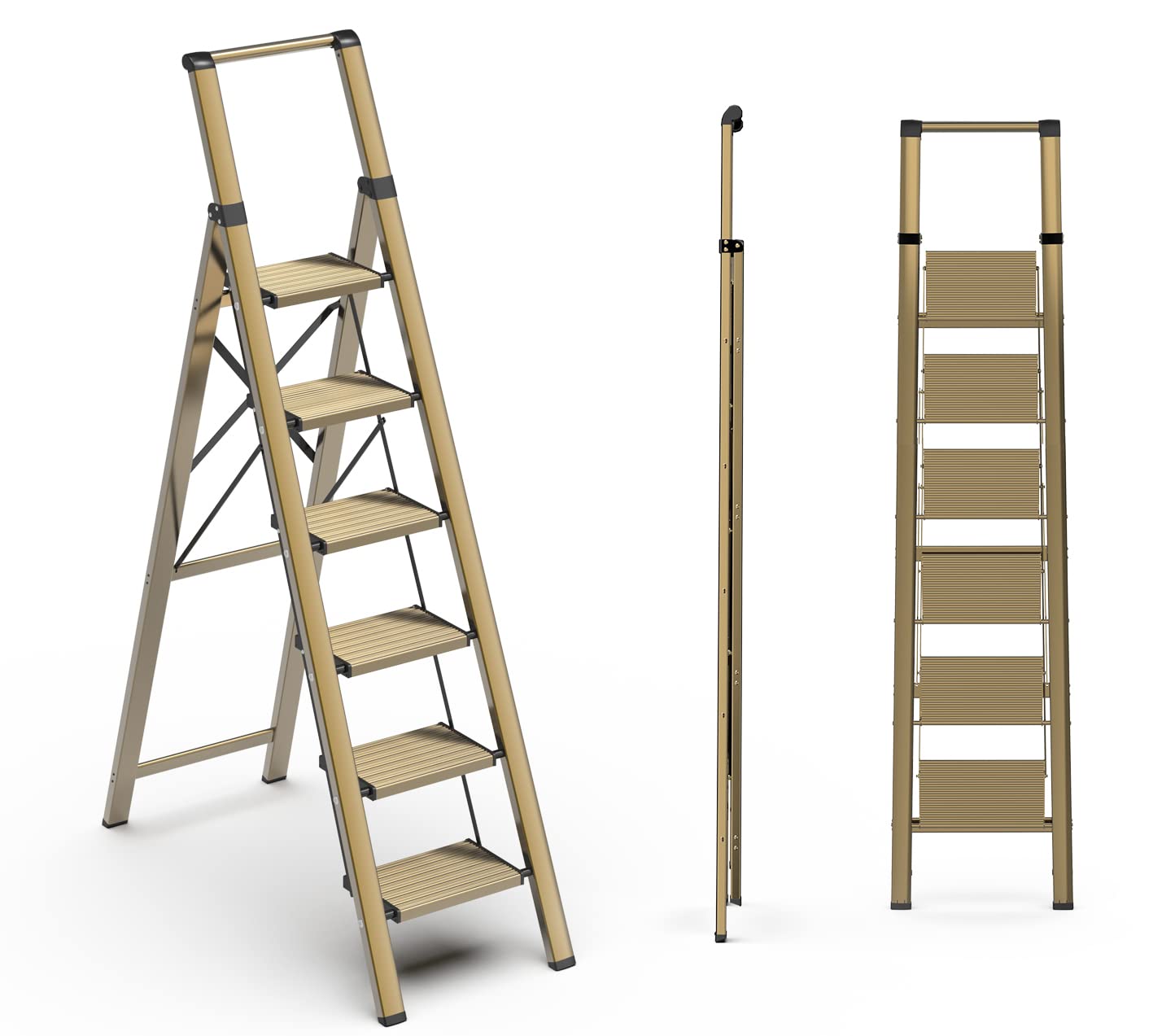 SOLADDER 6 Step Ladder, Folding Step Stool with Handgrip and Anti-Slip Wide Pedal, Portable Lightweight Aluminum Stepladder for Kitchen, Home, Library, Office (300 lbs Capacity) - Gold