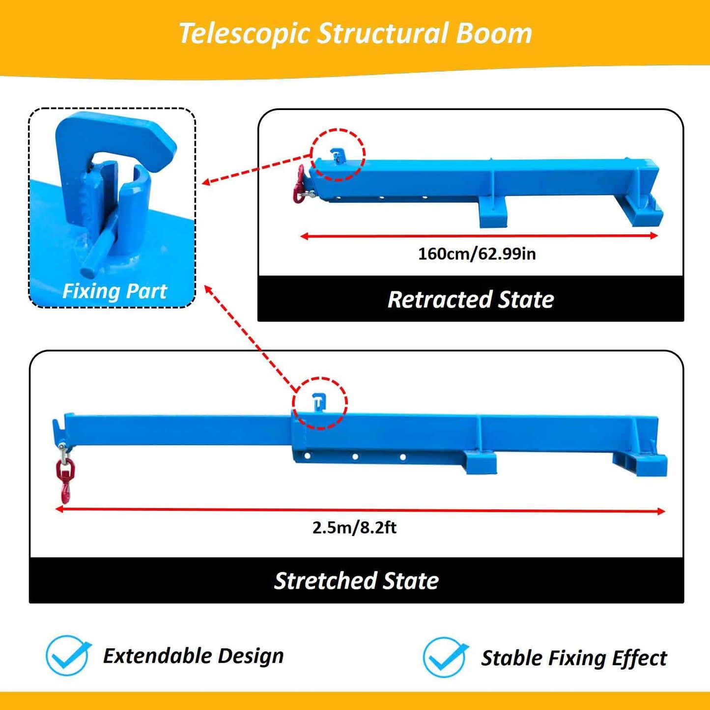 BEILOCKERY Adjustable Forklift Jib Boom Crane with Telescopic Arm, 2200 lbs Heavy Duty Mobile Crane, Includes Truss Hoist and Hook for Industrial Lifting and Towing, Max Reach 98.4 Inches