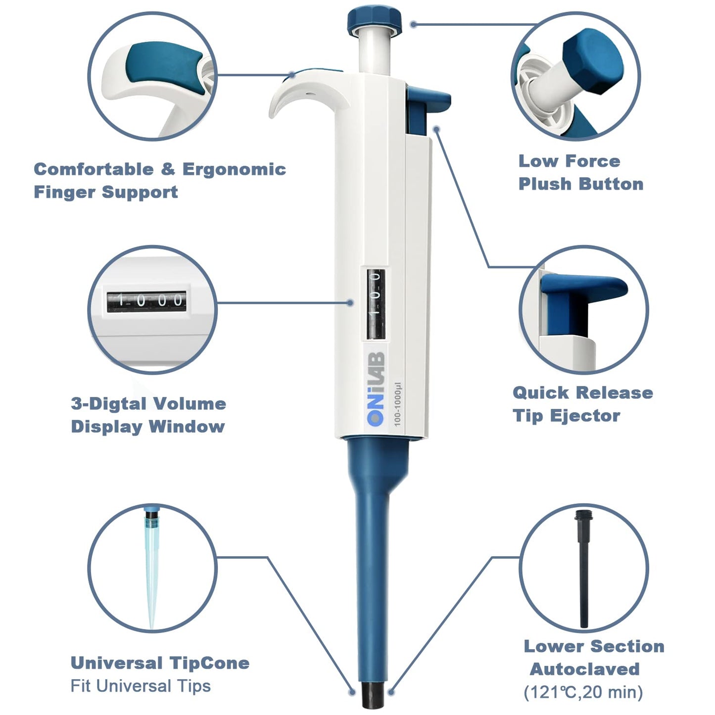 ONiLAB 20-200ul High-Accurate Single-Channel Manual Adjustable Variable Volume Pipettes, Autoclavable, 7010101009