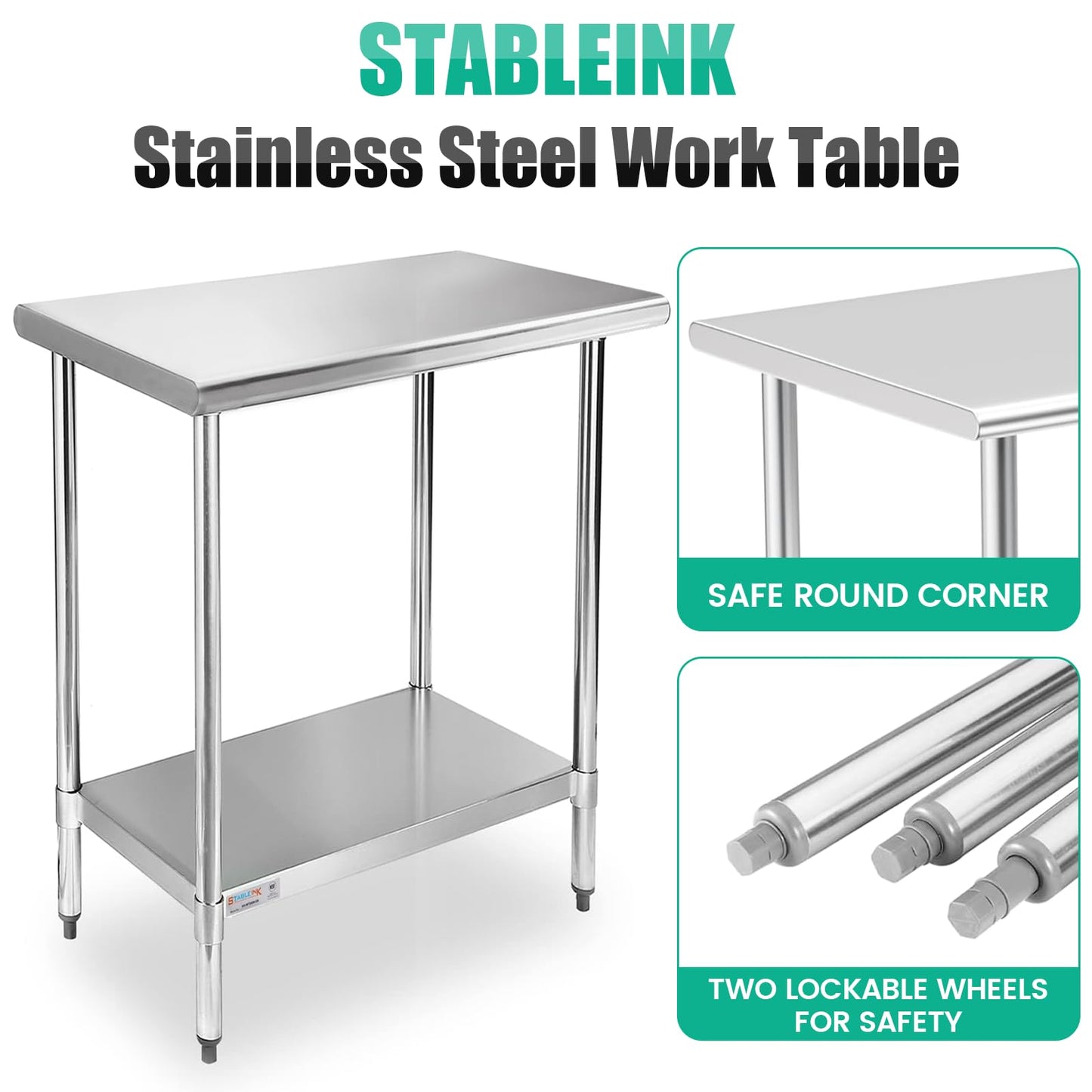 STABLEINK NSF Stainless Steel Small Table 18x30, Metal Prep & Work Table with Adjustable Undershelf, for Commercial Kitchen, Restaurant, Hotel, Bar and Garage