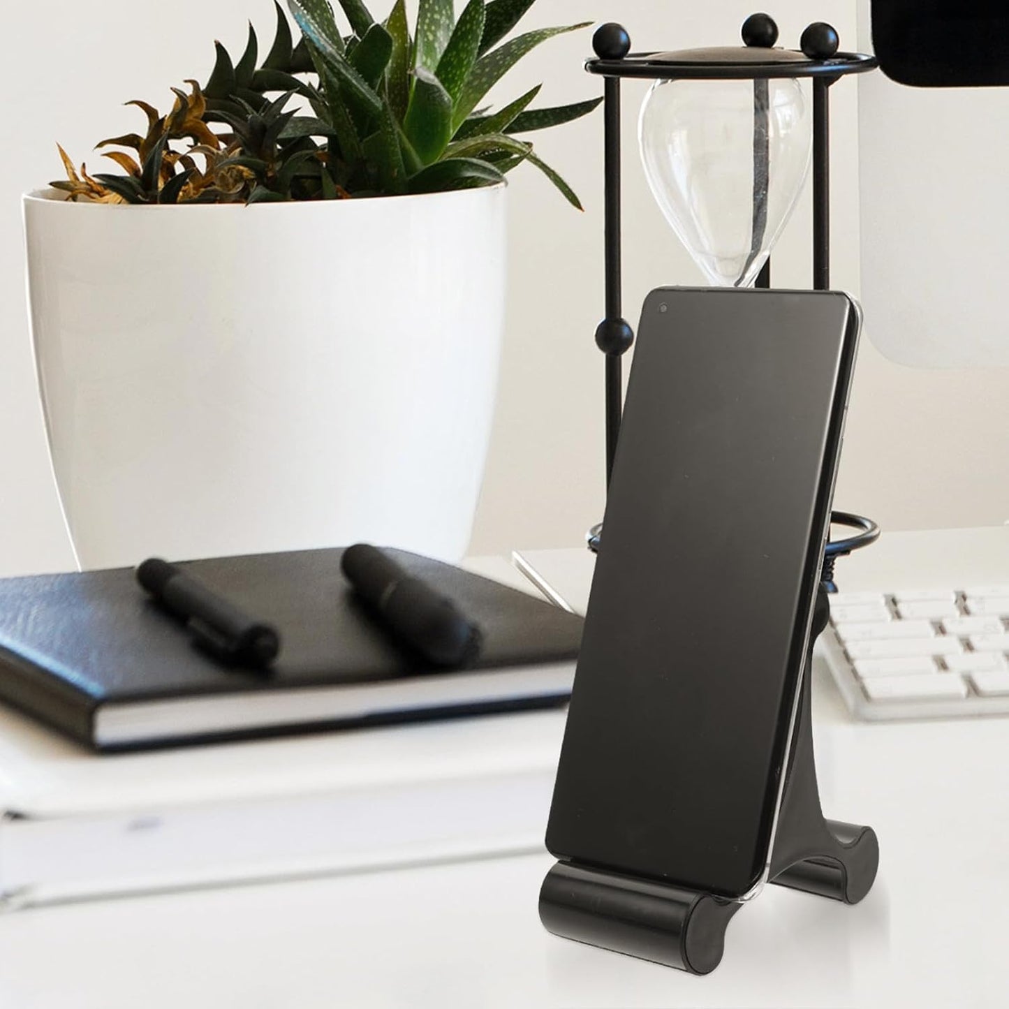 AGFELO Triangle Desktop Phone Holder Stand for Cellphone and Tablet, Black Triangular Desk Mount Rack for Mobile