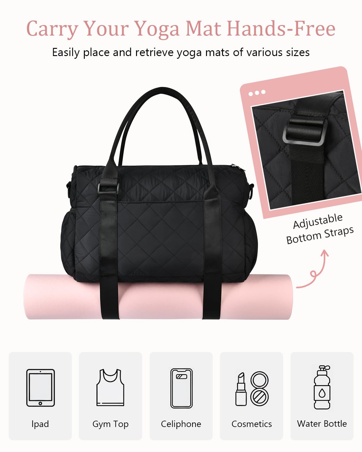 KUIRAN Gym Bag for Women with Yoga Mat Holder, Small Mini Gym Tote Bag Puffy Quilted Lightweight Sports Duffel Bag with Wet Compartment for Dance Yoga Workout Travel - Black