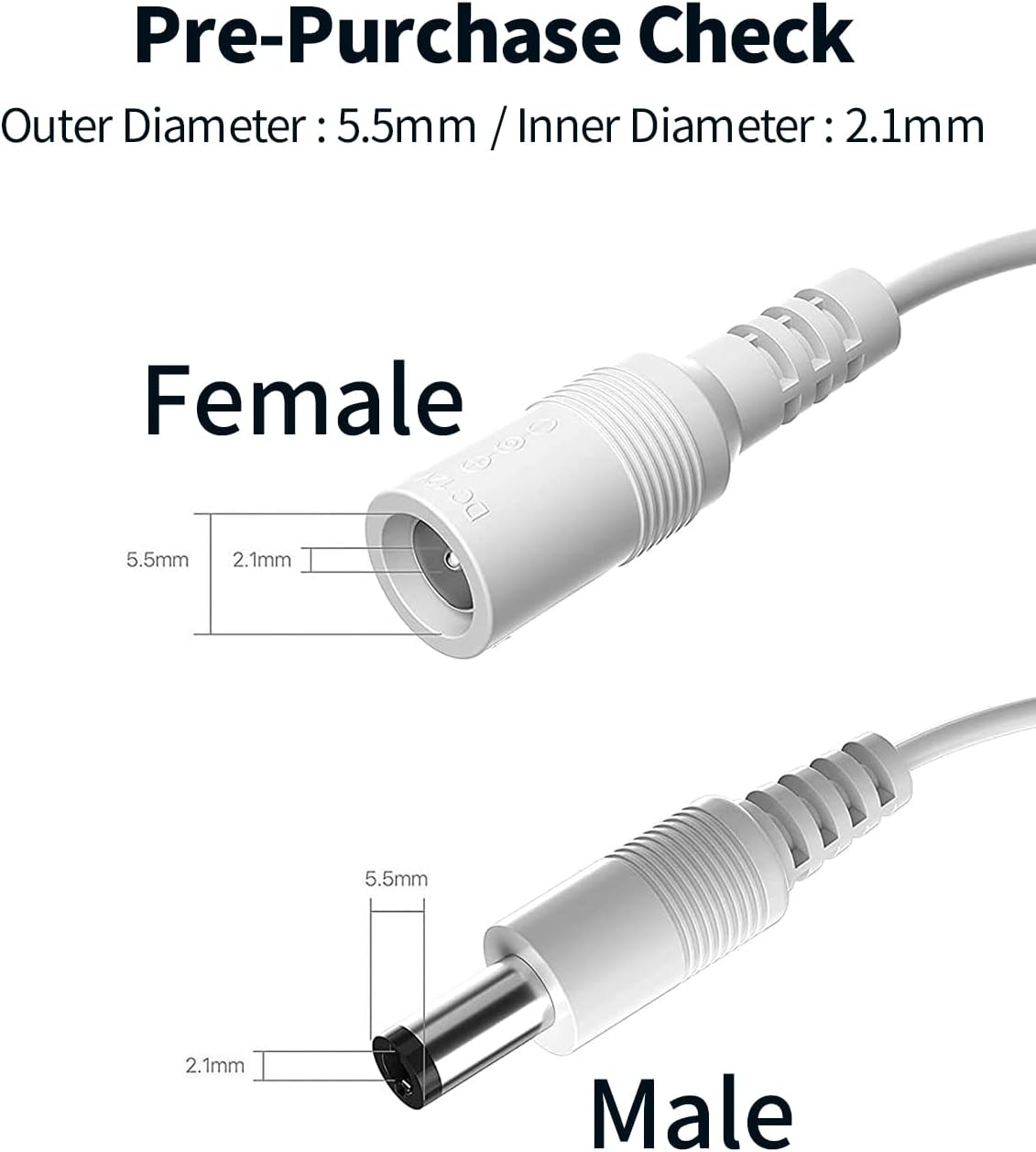 Tonton 33Ft 10M 5.5mm 2.1mm 5521 12V 2 Pack) Power Extension Cable x DC Female to Male Compatible with DC Adapter Cord
