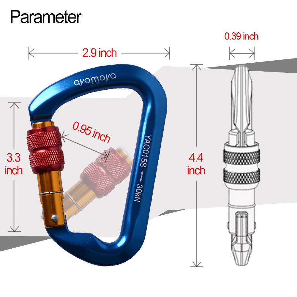 Ayamaya Climbing Carabiners - 3 Pack Screwgate Locking Carabiner 30KN (6744 lbs) Heavy Duty Gears for Rock Climbing, Rappelling, Swing Rescue & Gym, Large D-Shaped Carabiners