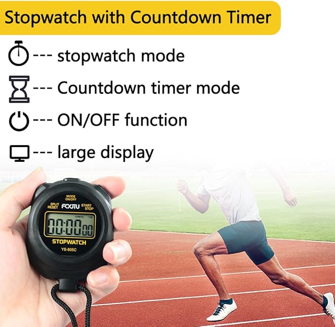 FCXJTU Simple Stopwatch Timer, Single Lap Stopwatch Countdown Timer, No Hourly Beep, On/Off, AAA Battery(Included), Large Display, Easy to Use, Ideal for Kids Coaches Black