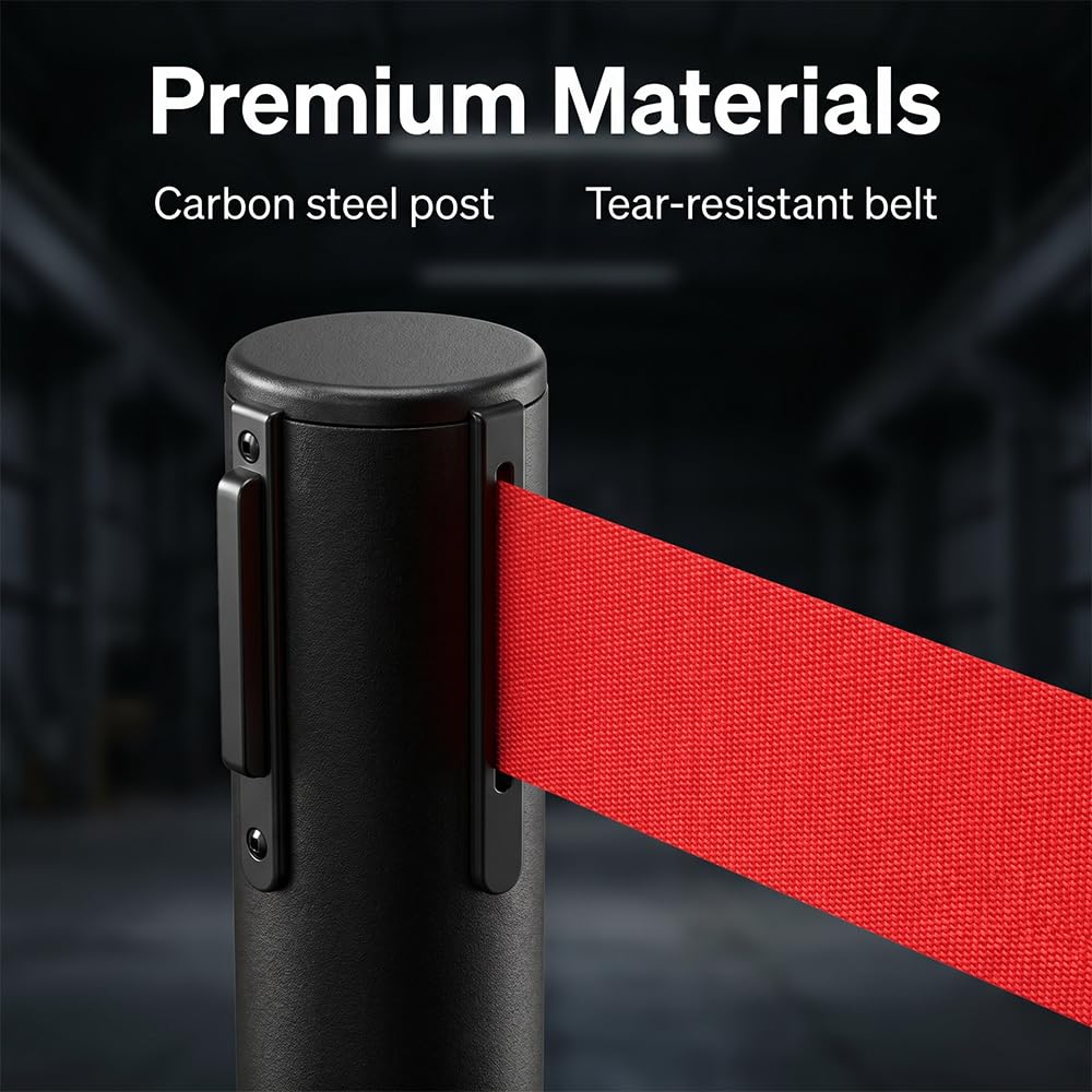 YIDELAI Crowd Control Stanchions Set of 4, Heavy Duty Black Queue Barrier Posts with Retractable Red Belt, Safety Barriers for Events, Retail, Bank, Airport, Theater