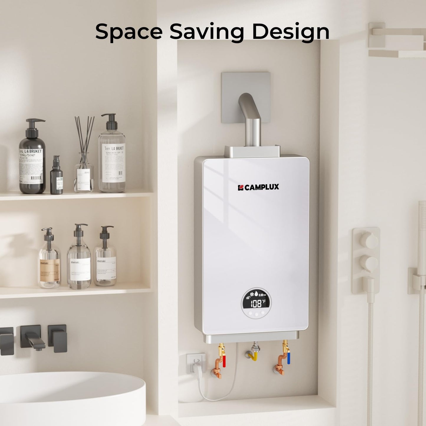CAMPLUX Tankless Water Heater Natural Gas, 3.18 GPM Up to 3.8 GPM 82,000 BTU On demand Residential Tankless Hot Water Heater Gas Indoor for Mobile Home, Constant Temperature System, White