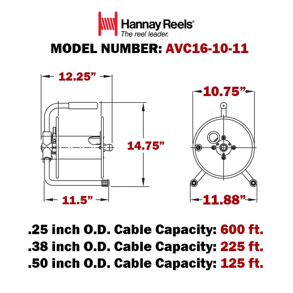 Hannay Reels AVC16-10-11 Series AVC Manual Hand Crank Portable Cable Storage Reel for Audio Video, Steel and Aluminum Construction, Black Paint, Made in USA