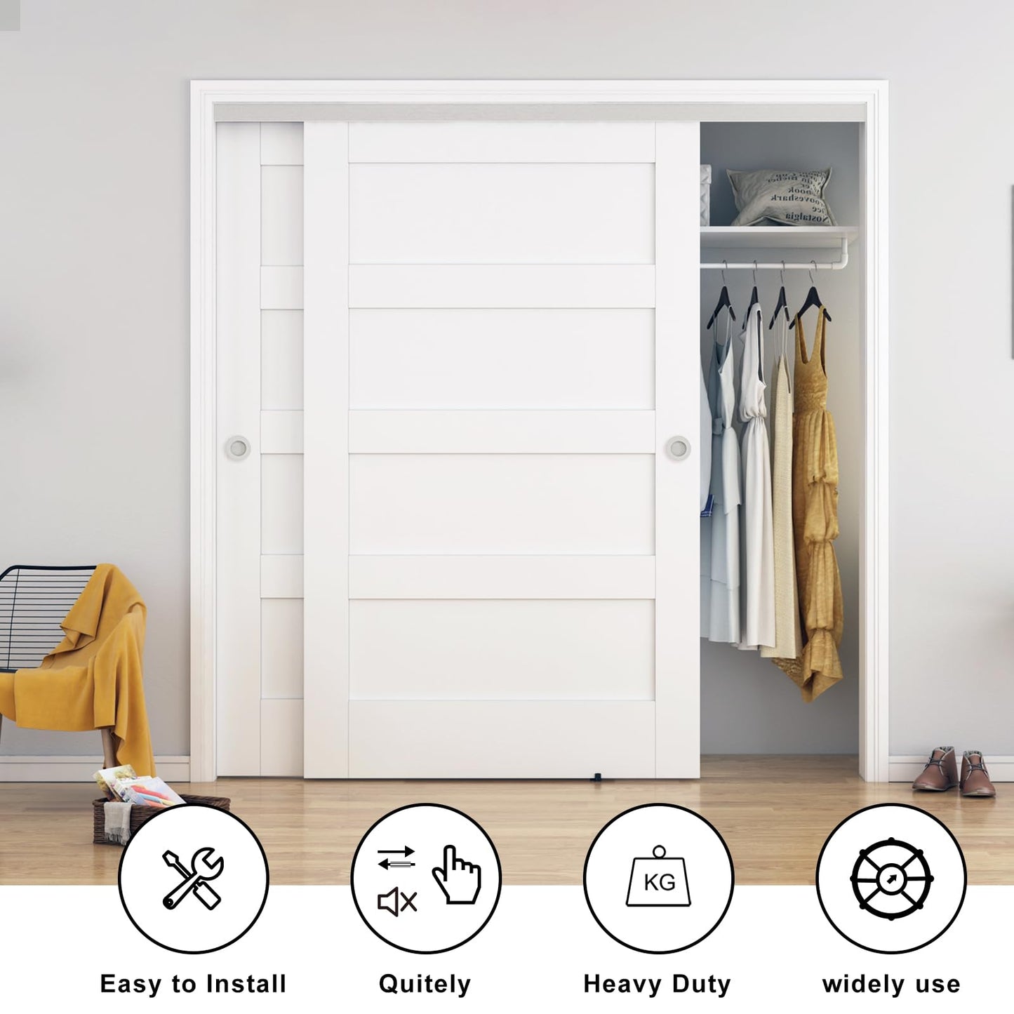 BARNSMITH 8FT/96 Bypass Door Hardware,Heavy Duty Aluminum Sliding Closet Door Hardware with Finger Pulls for 2 Doors System,Sturdy and Smoothly,Fit Door Thickness 1 3/8" or 1 3/4",Easy to Insatll