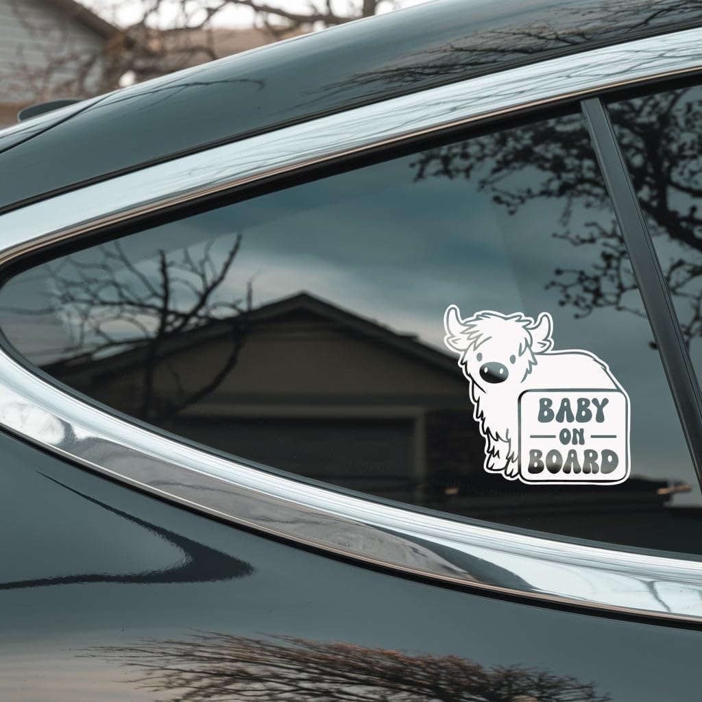 Sabazee Highland Cow Baby On Board Car Window Decal - Cute Calf Safety Sign Vinyl Sticker - Family Travel Awareness