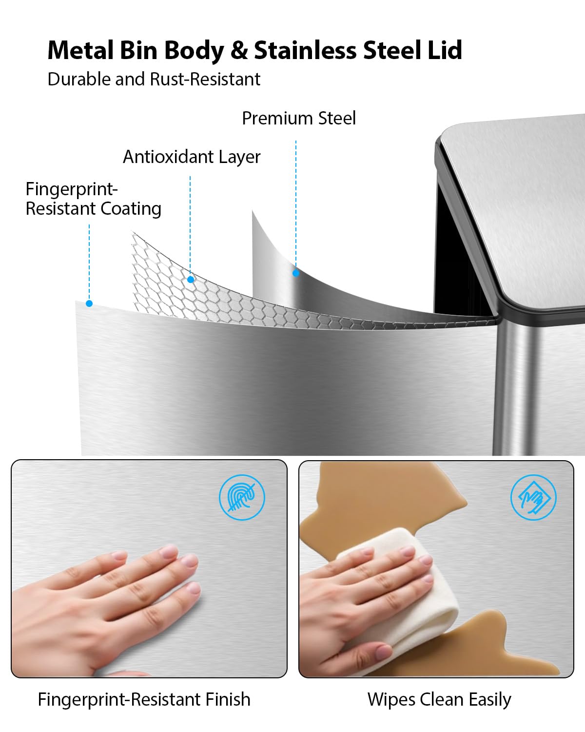 Lovewind Kitchen Trash Can, 2 x 8 Gallon (2 x 30 L) Stainless Steel Trash and Recycle Bin Combo with Soft-Close Lid, Dual Compartment Recycling Kitchen Step Trash Bin, Silver