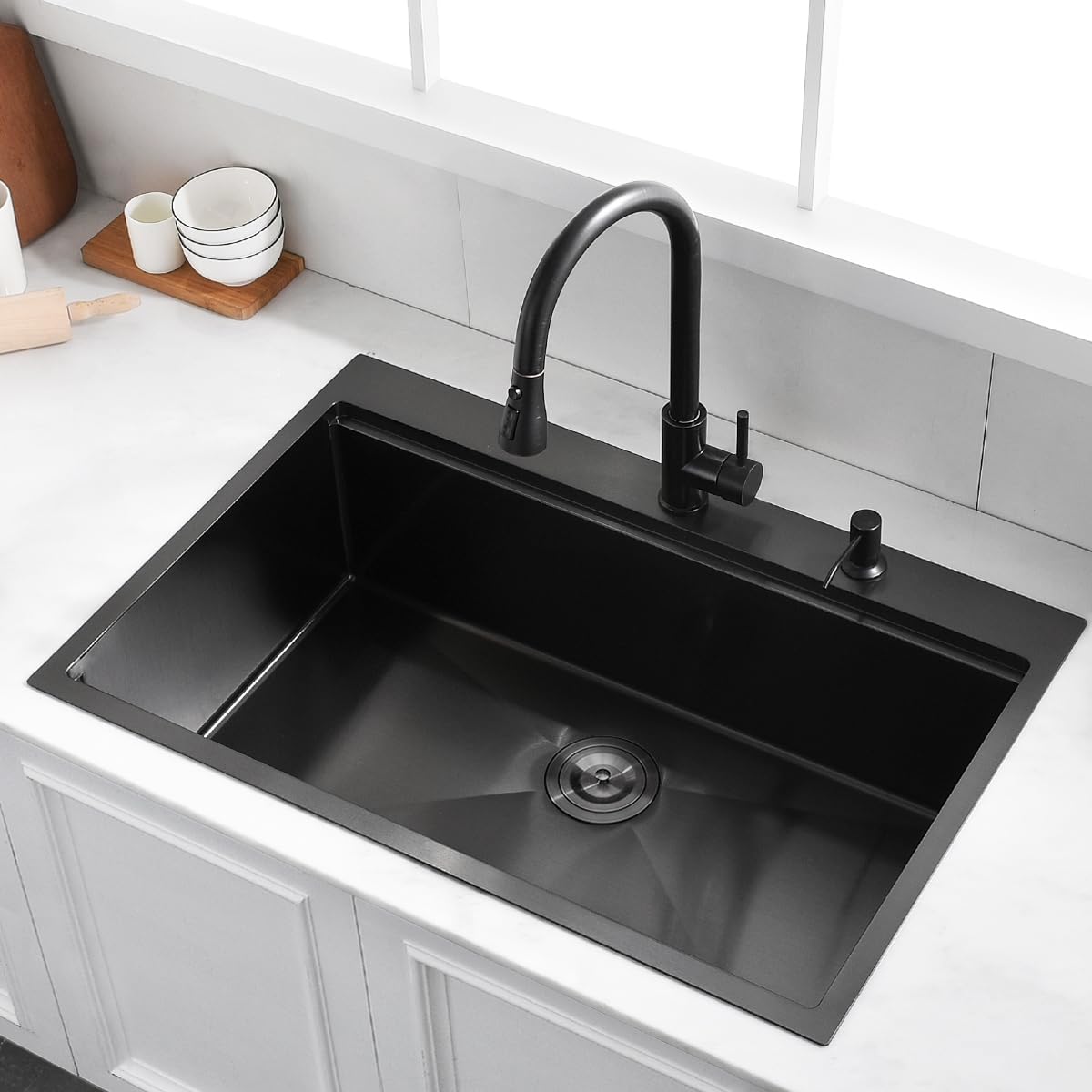 33 Drop In Black Workstation Kitchen Sink, Luckyhorse 33x22 Inches 16 Gauge Nano Black Stainless Steel Sink Topmount Workstation Single Bowl Kitchen Sink LH007SB