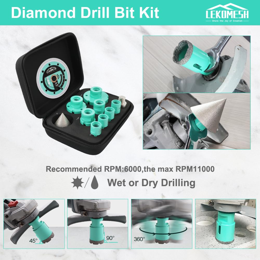 LEKOMESH Tile Hole Saw Kit - (6/8/10/25/35/50/65mm+10mm Finger Bit+50mm Chamfer Bit+Adapter) and 4.5 Inch Diamond Saw Blade Cutting Disc Wheel