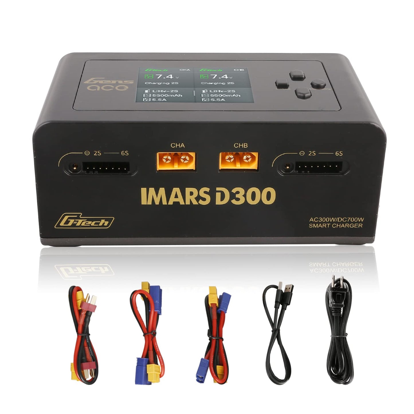 Gens Ace IMARS D300 G-Tech Smart Dual Lipo Charger 16A AC 300W DC 700W Lipo Charge（Black）