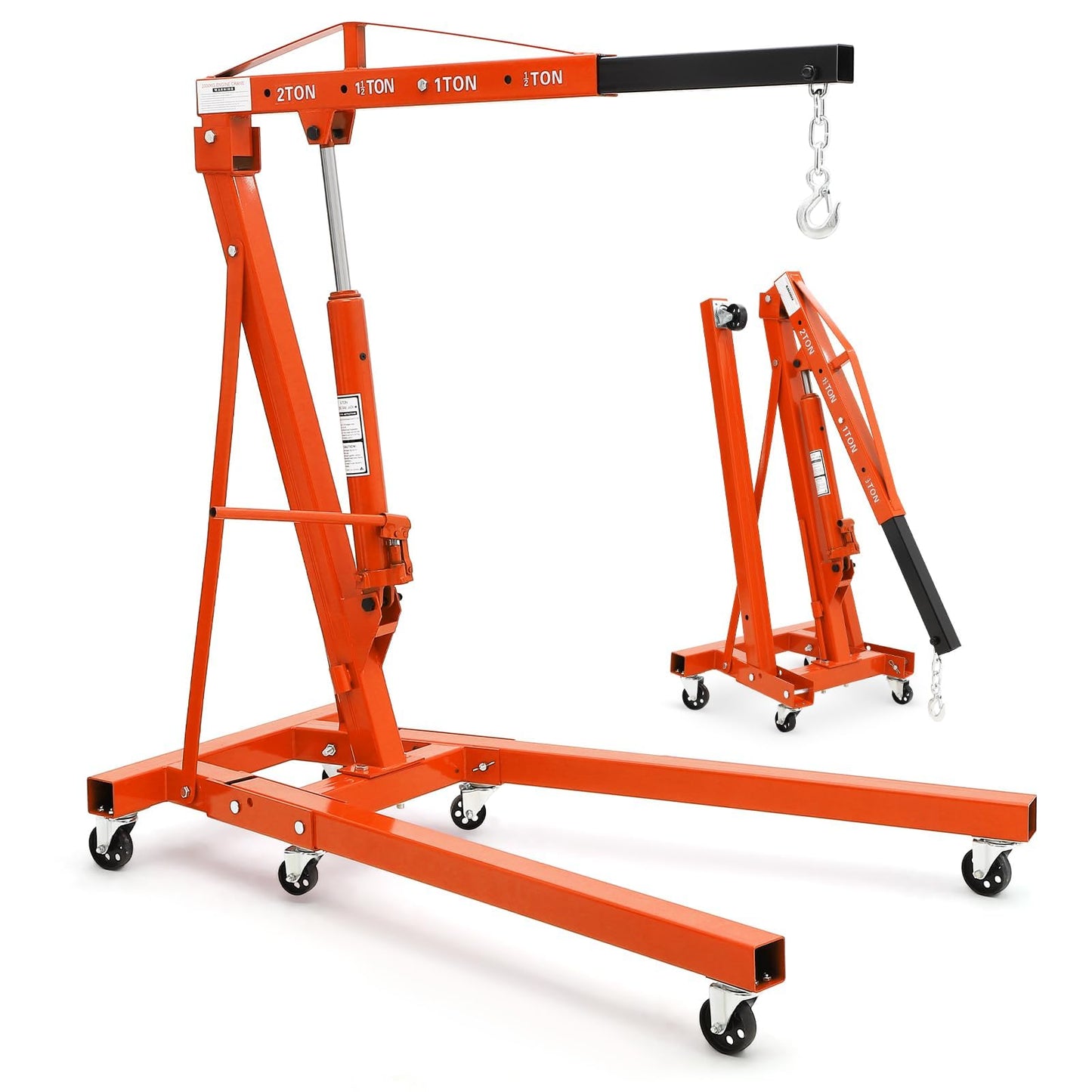 2-Ton Folding Engine Hoist Cherry Picker 44 Lb Capacity Hydraulic Shop Crane with Telescoping Boom 6 Caster Wheels for Automotive Repair Garage Use Includes Hitch and Storage Stand Orange