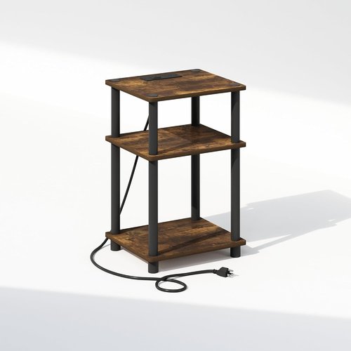 Furinno Night Stand - 3-Tier Turn-N-Tube Bedside Table with USB & Type-C Charging Ports | Amber Pine