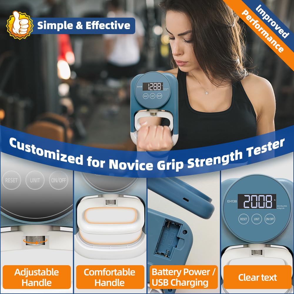 Grip Strength Tester Hand Dynamometer - Grip Strength Trainer Hand Exerciser with Potenciador de Agar de mano Novice Friendly Adjustable Handle for School Home Sports Use (265 Lbs / 120 Kgs)
