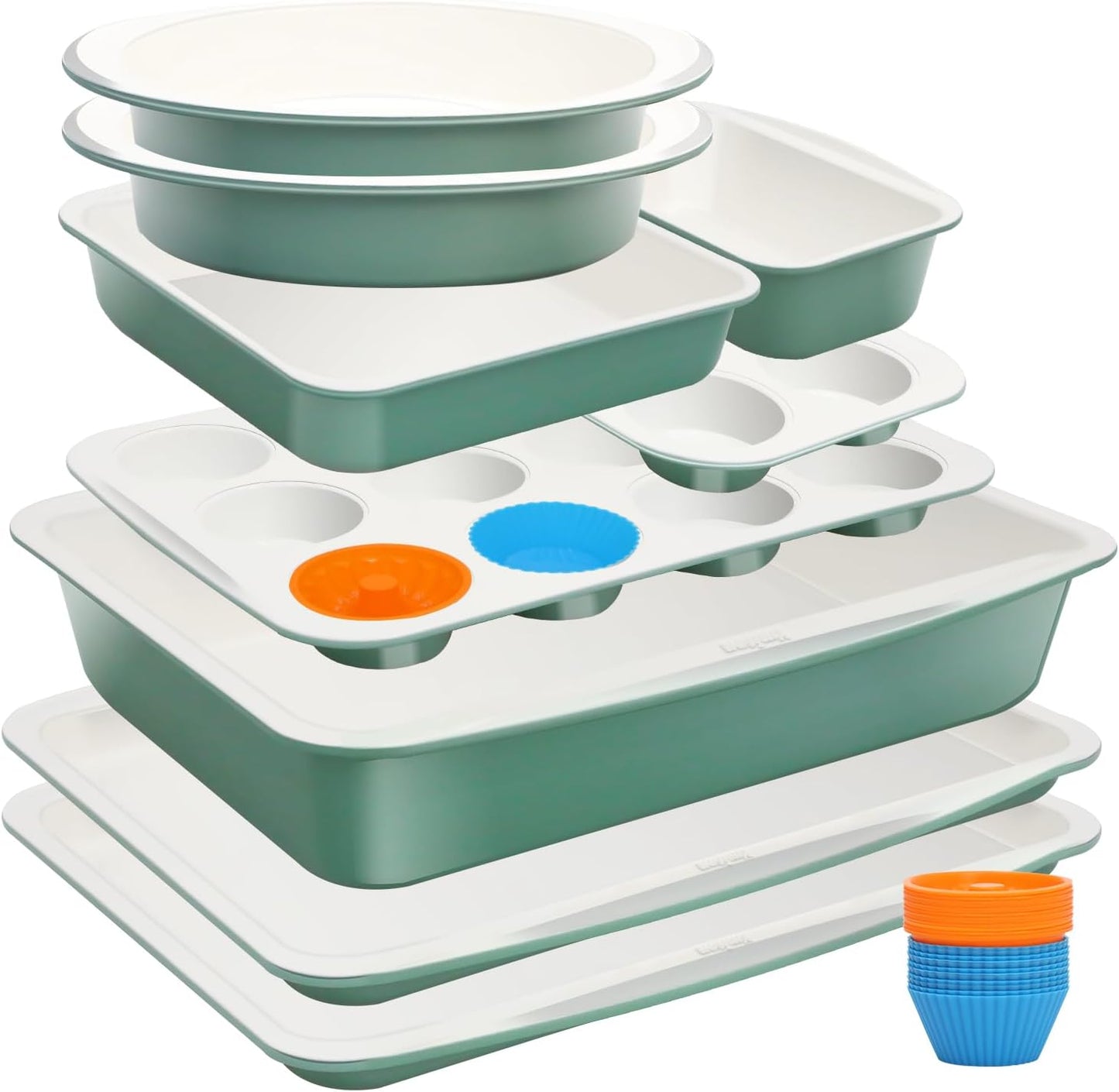 Skiennix Ceramic Nonstick Baking Pans Set - 33 PCS Stackable Bakeware, 550°F Oven Safe, Dishwasher Safe, Green