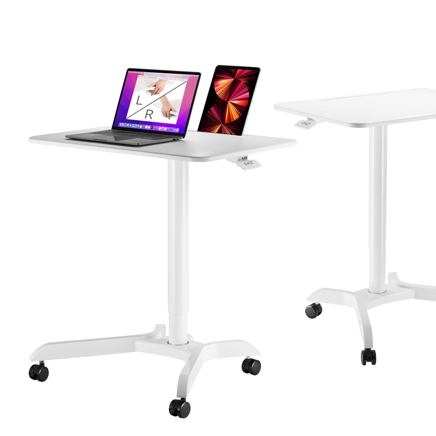 AVLT 48" Ambidextrous Standing Desk, Mobile Adjustable Height Rolling Laptop Desk, Folding Computer Projector Cart with Brake Casters, Portable White Desk for Home Office
