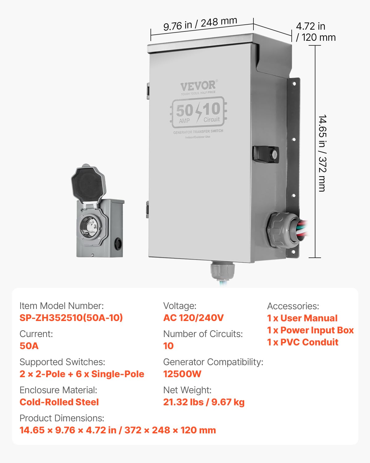 VEVOR Manual Transfer, 50-Amp 10-Circuit, Prewired Generator Transfer Kit with CS6375 Plug Power Inlet Box, Double-Throw, NEMA 3R, Mechanical Watt Meter, for 12500W Generators