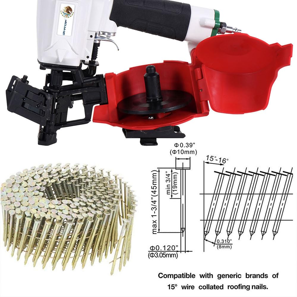 BHTOP Mexican Style CN45N Roofing Nailer, 15 Degree Roofing Nail Gun, 3/4-Inch to 1-3/4-Inch Coil Nails, 120-pcs Load Capacity Coil Nailer