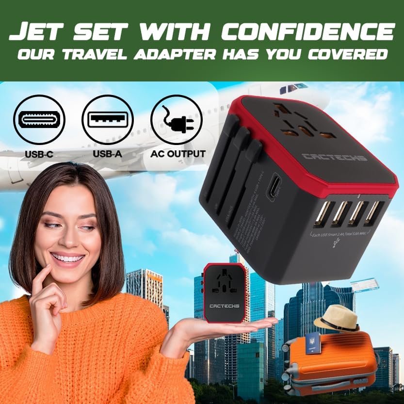 CACTECHS 4 1 International Universal Travel Adapter Worldwide USB Type C Travel Charger, EU UK European Travel Plug