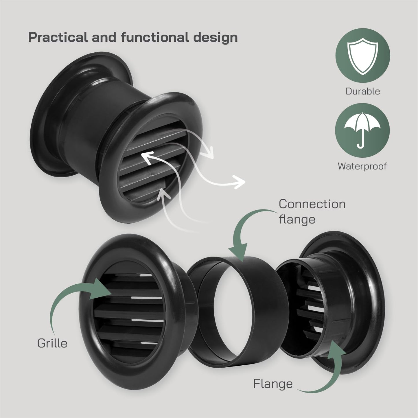 Vent Systems 1.5" Inch Round Door Vent Cover - 2 Pack - Black Plastic Mini Circular Grille with Dual-Sided Louvers - Durable Snap-In Register for Indoor Airflow - Ideal for Cabinet, Closet Ventilation