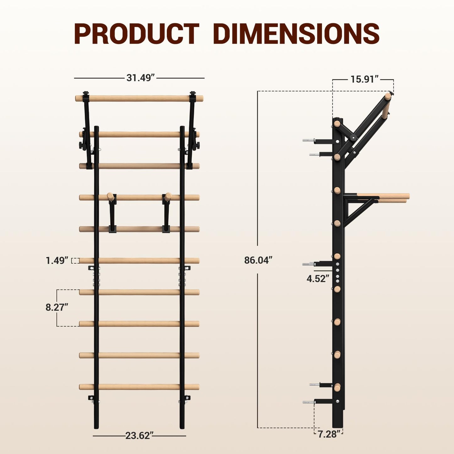 GMWD Swedish Ladder, Wood Stall Bar, Suspension Trainer with Pull-Up Bar and Dip Bar Attachments, Wooden Stall Bar with 9 Strategic Rods for Core Strengthening and Stretching Balanced