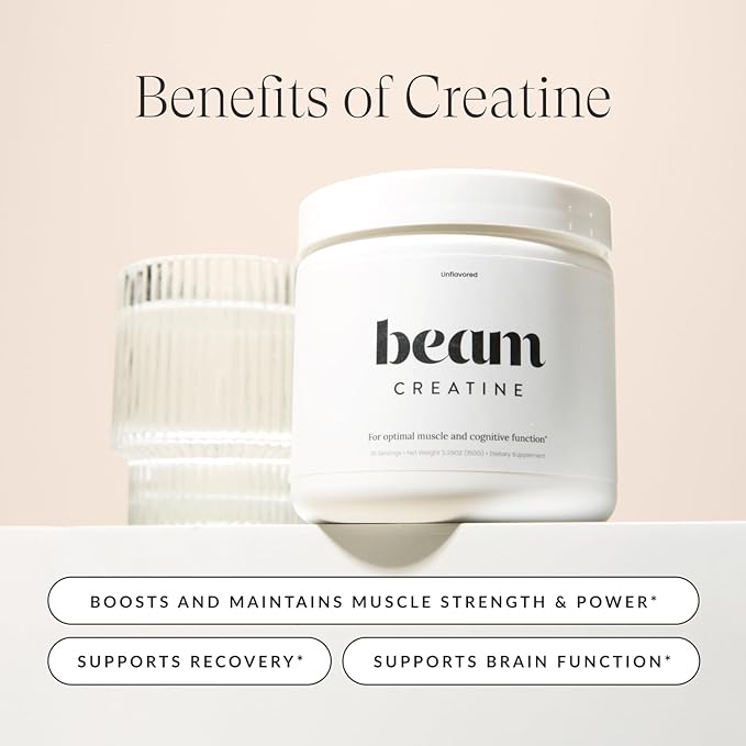 Beam Creatine Powder, Third Party Tested, Micronized Creatine Monohydrate Supplement, Creatine for Women and Men, Muscle Strength, Workout Recovery, Lean Muscle, 30 Servings, Raspberry Lemon Flavor