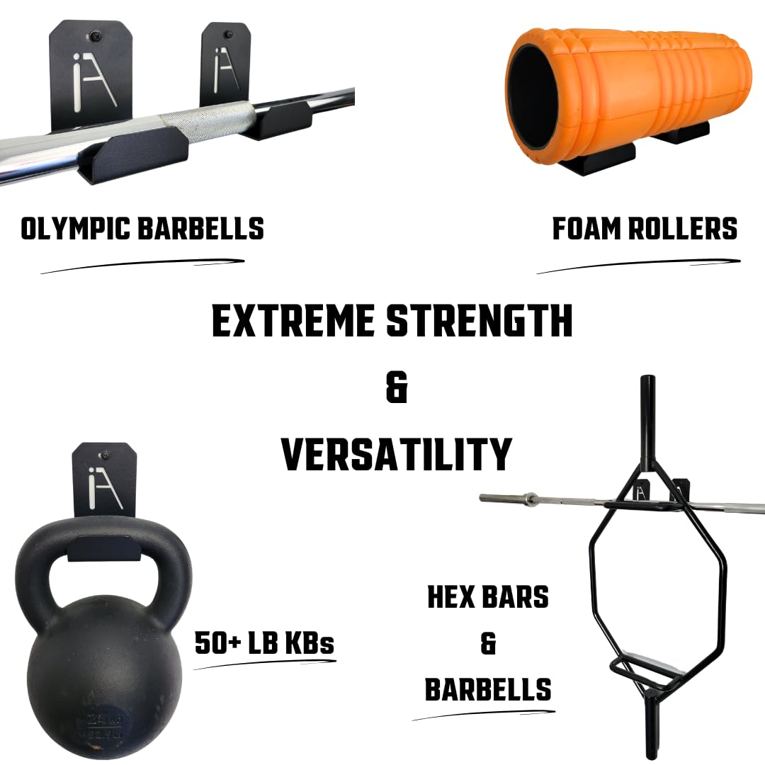 IRON AMERICAN Multi-Use Weight Bench Brackets - Heavy-Duty Gym Storage Wall Mounted Rack - Hang Benches, Rowing Machines, Hex Bars, Barbells 100lb Capacity - Hardware Included Made in USA