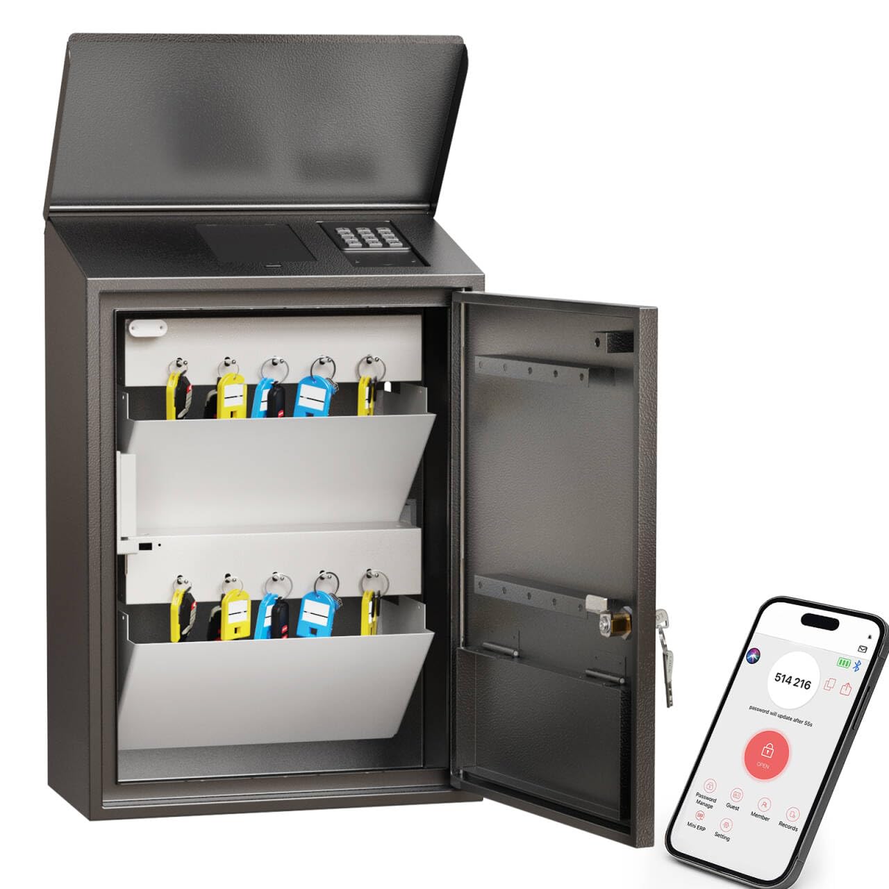 WeHere 10-Key Key Lock Box with Self-Service Key Dispenser - Aotumatic Drop Key, Key Management System, Remote Sharing Access Code, Secure Key Cabinet for Airbnb, Hotel, Property Managers & Car Rental