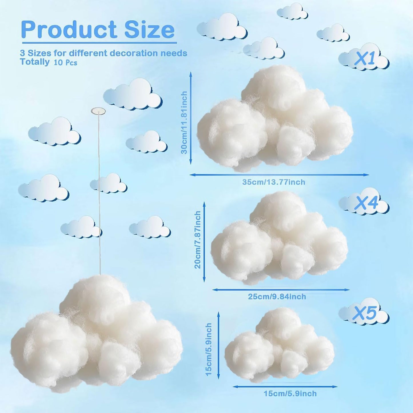 Skiennix 10-Piece Cloud Decorations - 3D Cotton Hanging Props for Wedding & Party Decor | Mixed Sizes